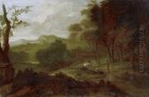 Peasants And Cattle Approaching A Village, In A Classical Landscape Oil Painting by Nicolaes Berchem