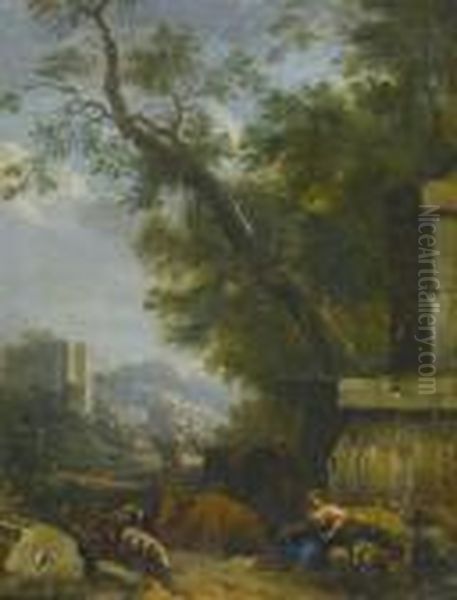 Herdsmen Resting Ina Landscape Oil Painting by Nicolaes Berchem