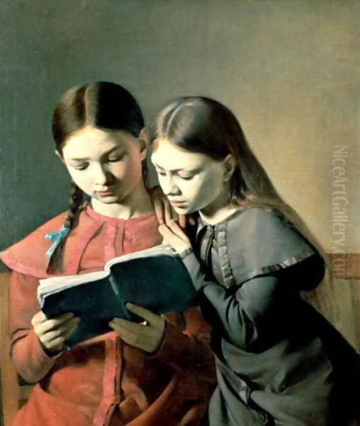 The Artist's Sisters Signe and Henriette Reading a Book 1826 Oil Painting by Constantin Hansen