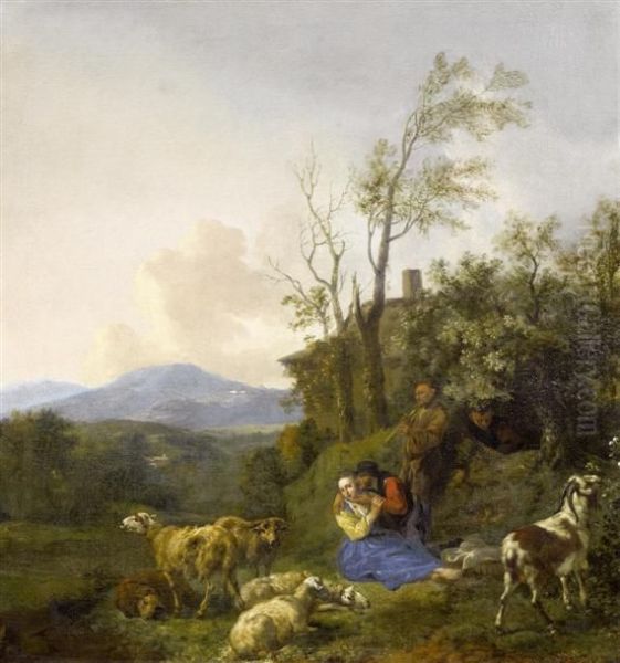 A Shepherdcouple With Sheep In A Landscape Oil Painting by Nicolaes Berchem