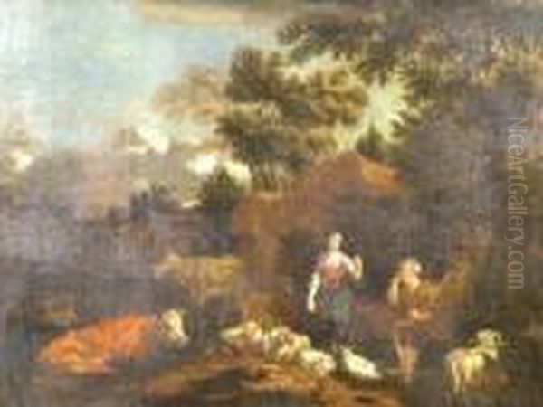 Figures In A Wooded Landscape With Sheep And Cattle Oil Painting by Nicolaes Berchem