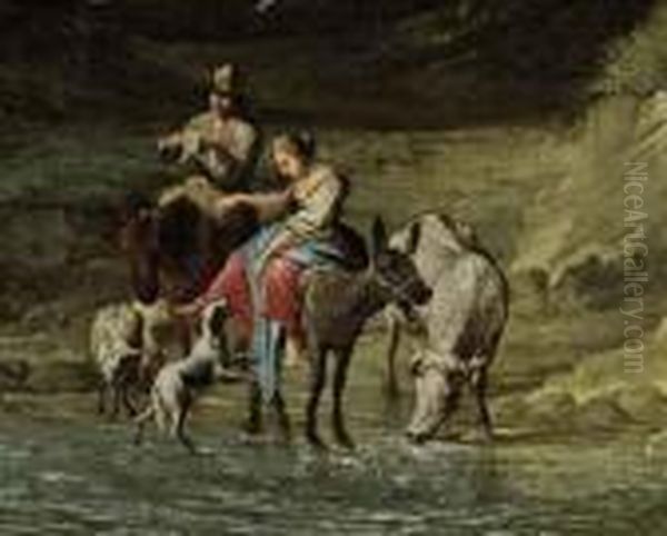 Two Figures On Horseback Beside A River Bank With A Dog Oil Painting by Nicolaes Berchem