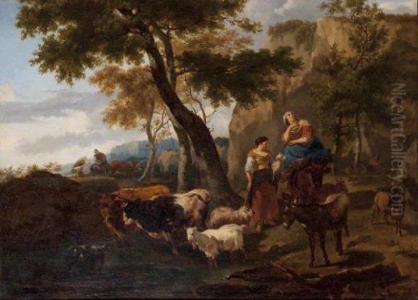 Bergeres Et Leur Troupeau Devant Un Ruisseau Oil Painting by Nicolaes Berchem