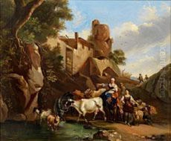 Italienischelandschaft Mit Hirten An Der Tranke Oil Painting by Nicolaes Berchem