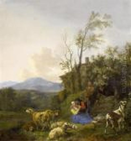 A Shepherd Couple With Sheep In A
Landscape Oil Painting by Nicolaes Berchem