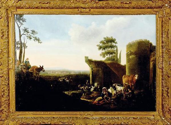 Cappricio Landscape With Figures And Cattle Oil Painting by Nicolaes Berchem