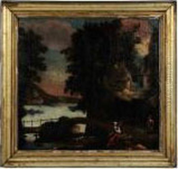 Italianate Landscape, With Two Figures By A Bridge Oil Painting by Nicolaes Berchem