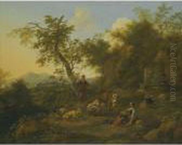 A Pastoral Landscape With A Peasant Girl Milking And A Shepherdplaying The Flute Beyond Oil Painting by Nicolaes Berchem