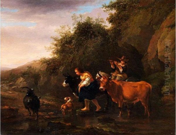 Hirtenpaar Mit Kuhen An Einer Furt Vor Felsenhugel Oil Painting by Nicolaes Berchem