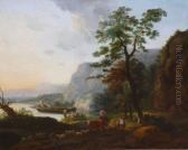 Paysages Aux Bergers Et Pecheurs Pres Des Cotes. Oil Painting by Nicolaes Berchem