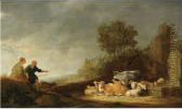 A Southern Landscape With A 
Shepherd And A Shepherdess Resting Withtheir Cattle By A Watering Place by Nicolaes Berchem