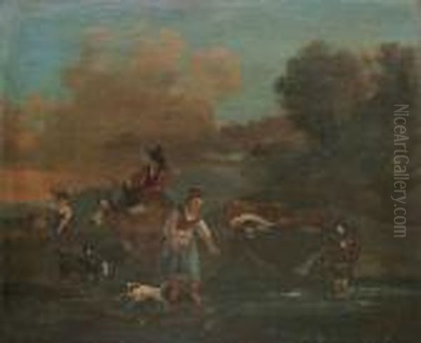 Shepherds With Cattle Near The Watering Place Oil Painting by Nicolaes Berchem