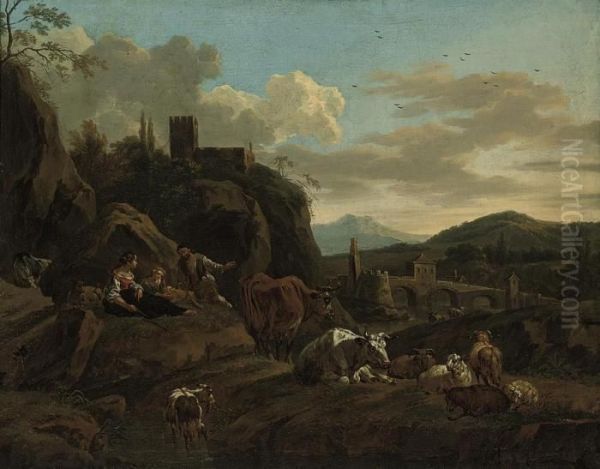 An Italianate Landscape With Peasants And Cattle, Goats And Sheep Oil Painting by Nicolaes Berchem