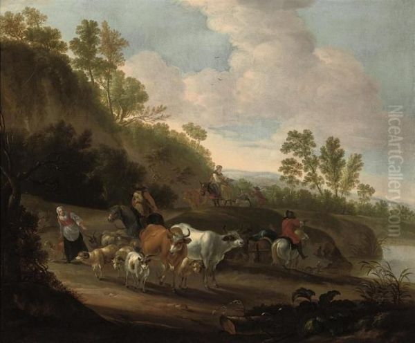 Drovers With Cattle And Goats On A Riverside Track Oil Painting by Nicolaes Berchem