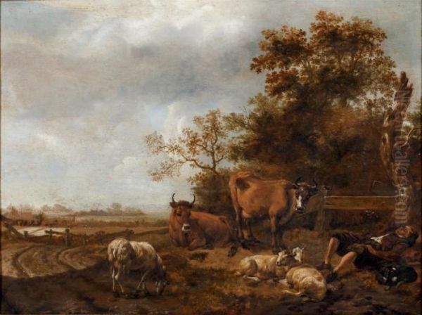 A Peasant Resting Near His Cows And Sheep In A Woodedlandscape Oil Painting by Nicolaes Berchem