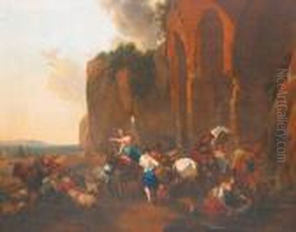 Lavandieres Et Bergers Dan Un Paysage Italien Oil Painting by Nicolaes Berchem