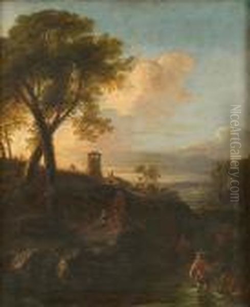 Paesaggio Fluviale Con Viandanti E Pescatori Oil Painting by Nicolaes Berchem