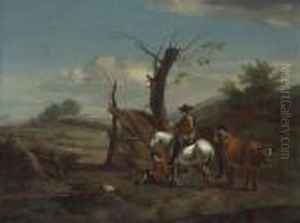 A Gentleman On A White Horse With Other Figures Oil Painting by Nicolaes Berchem