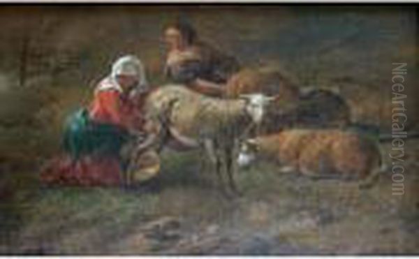 Shepherdesses Milking Sheep Oil Painting by Nicolaes Berchem