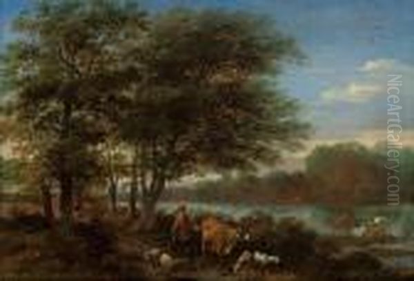 A Wooded River Landscape With A Drover And His Cattle On A Track Oil Painting by Nicolaes Berchem