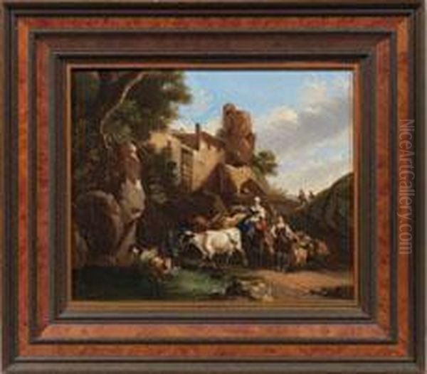 Italienische Landschaft Mit Hirten An Der Tranke Oil Painting by Nicolaes Berchem