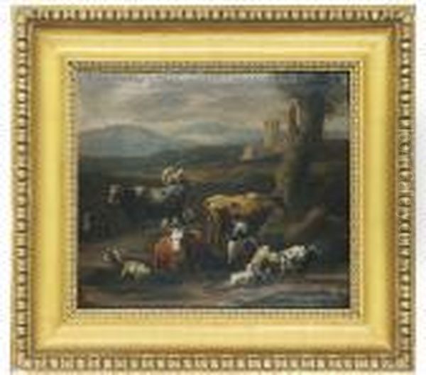 A Shepherd And Milk Maid With Their Flocks In An Italianate Landscape Oil Painting by Nicolaes Berchem