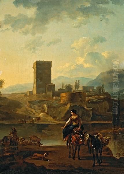 A River Landscape With A Woman Riding A Donkey And Other Figures And Animals By The Bank Oil Painting by Nicolaes Berchem