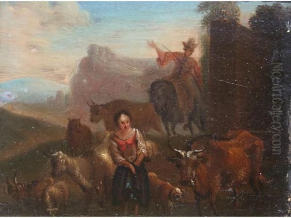 Figures With Cattle Sheep And Goats In A Landscape At Sunset Oil Painting by Nicolaes Berchem