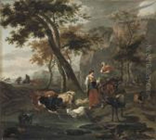 A Wooded Landscape With Drovers Bringing Their Flocks To Water Oil Painting by Nicolaes Berchem