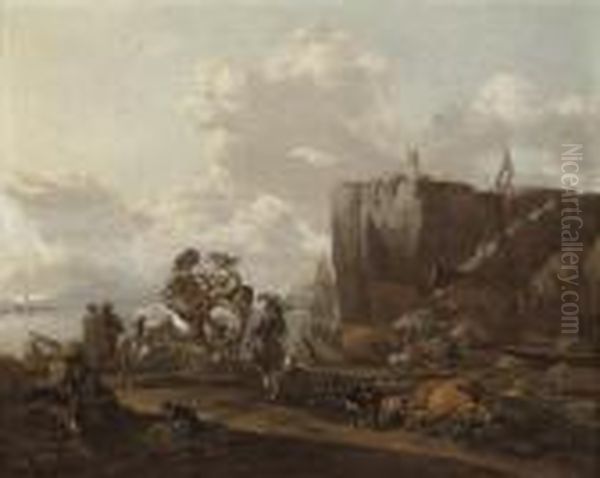 A Coastal Landscape With Merchants On Horseback Oil Painting by Nicolaes Berchem