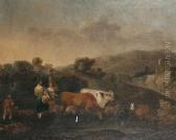 Peasants With Cattle Fording A Stream Oil Painting by Nicolaes Berchem