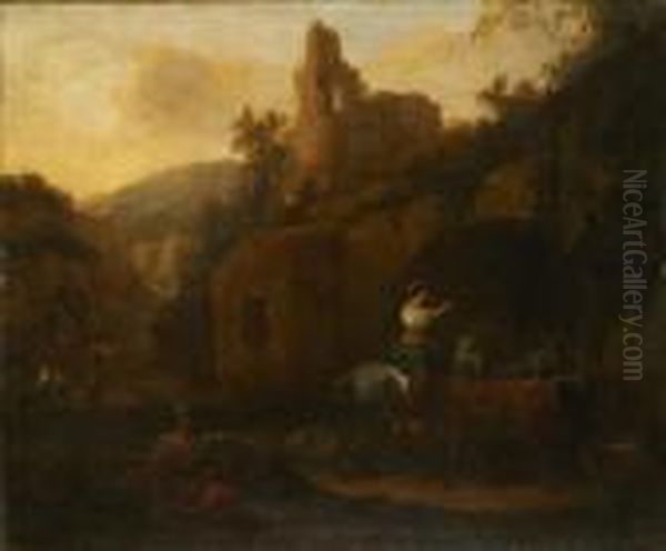 Berchem Resting Travellers In A Rocky Landscape Oil Painting by Nicolaes Berchem