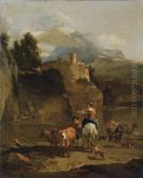 An Italianate River Landscape With Drovers And Their Cattle In The Foreground Oil Painting by Nicolaes Berchem