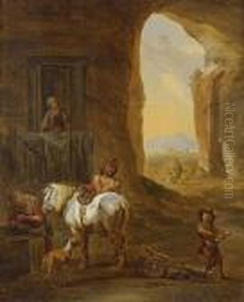 Peasants And A Horse At A Well, A View To An Italianate Landscape Beyond Oil Painting by Nicolaes Berchem