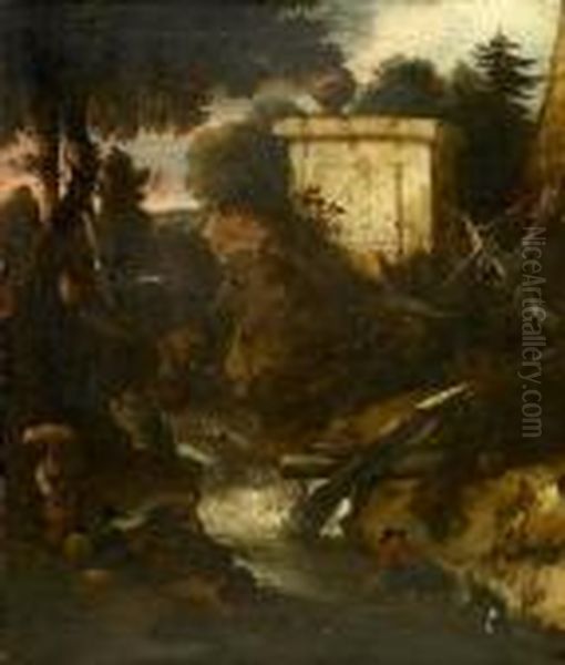 A Capriccio Landscape With Figures By A River Oil Painting by Nicolaes Berchem