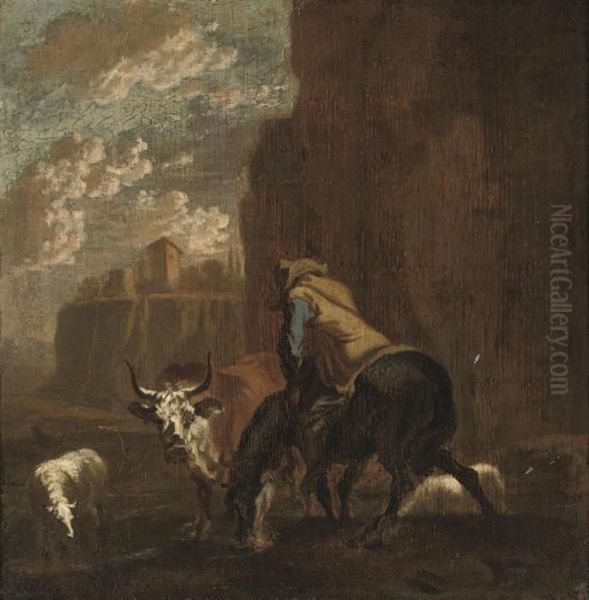 A River Landscape With A Drover And His Cattle Oil Painting by Nicolaes Berchem