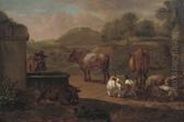 A Traveller With Cattle And Sheep At A Watering Hole Oil Painting by Nicolaes Berchem