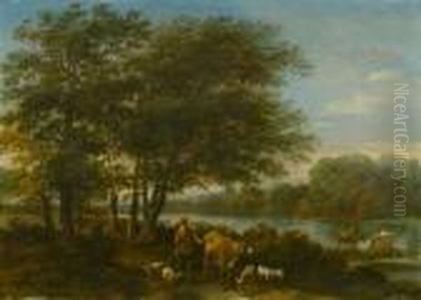 Wooden Landscape With Herdsman And His Cattle. Oil Painting by Nicolaes Berchem