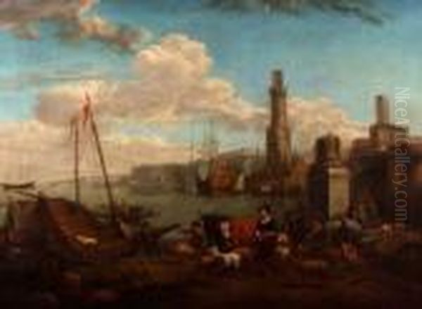 A Busy Dutch Harbour Scene With Figures Oil Painting by Nicolaes Berchem