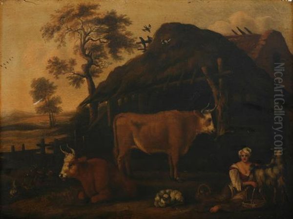 Farmyard With Milkmaid, Cattle And Goats Oil Painting by Nicolaes Berchem