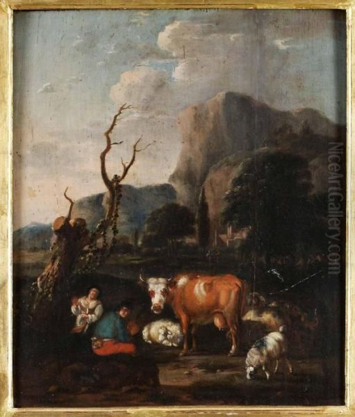 Pastoralt Landkspa Med Herdefamilj Med Boskap Oil Painting by Nicolaes Berchem