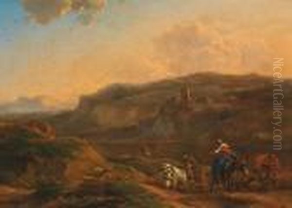 Paesaggio Fluviale Con Mucche Ed Una Pastorella Su Un Sentiero Oil Painting by Nicolaes Berchem