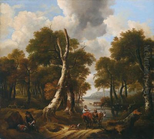 Paesaggio Fluviale Boschivo Con Pastori Oil Painting by Nicolaes Berchem