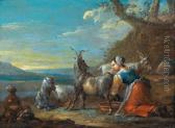 Paesaggio Con Pastorella Che Munge Una Capra Oil Painting by Nicolaes Berchem