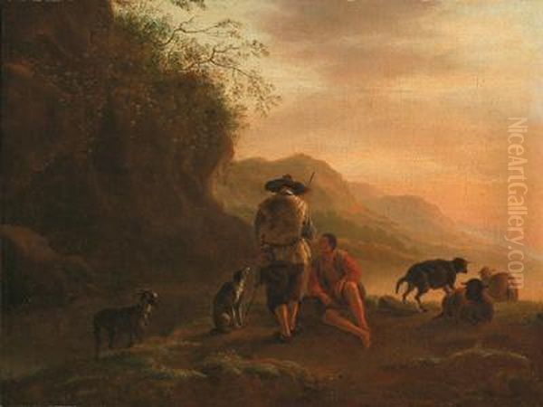 Pastori In Un Paesaggio Fluviale Montagnoso Oil Painting by Nicolaes Berchem