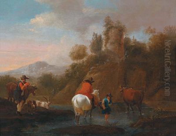 Paesaggio Fluviale Meridionale Con Pastori E Un Cavaliere Oil Painting by Nicolaes Berchem