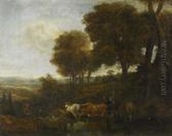 A Wooded Landscape With Drover And Cattle By A Ford Oil Painting by Nicolaes Berchem