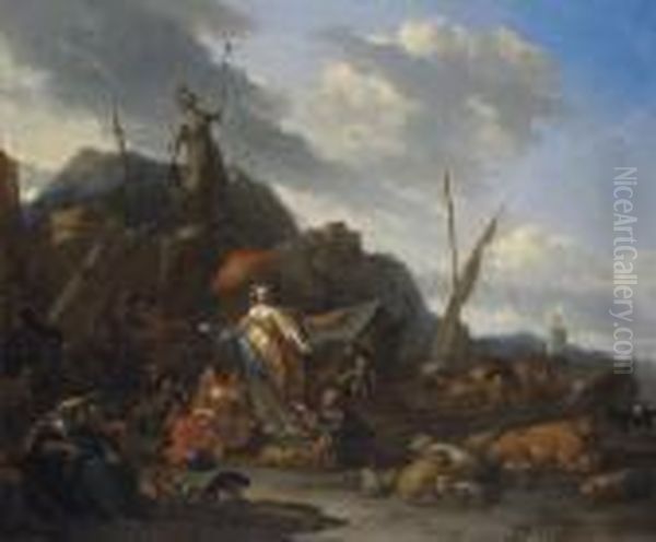 Sailors Loading Their Boats At A
 Dockside Market, With Orientalmerchants, An Elegantly-dressed Lady And A
 Statue Of Minerva, Anextensive Coastal Landscape Beyond Oil Painting by Nicolaes Berchem