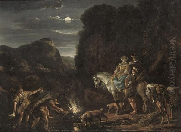 A Moonlit River Landscape With Travellers On Horseback Conversingwith Crayfishers Oil Painting by Nicolaes Berchem