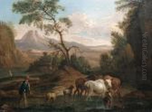 An Italianate Wooded Landscape 
With Herdsmen,cattle And Sheep Crossing A River In The Foreground Oil Painting by Nicolaes Berchem